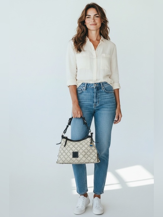 Dooney & Bourke Handbags - Dooney & Bourke Cream Monogram Shoulder Bag with Blue Duck Hang Tag.